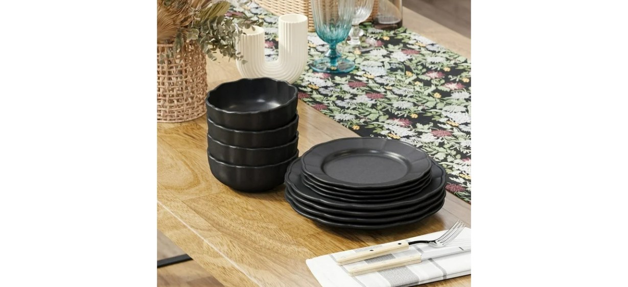 Black Beautiful Scallop Stoneware Dinnerware 12 Piece Set  on table