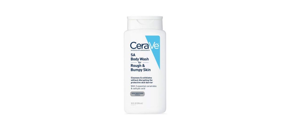 A white and blue bottle of CeraVe body wash. Text on the bottle reads: SA Body Wash for Rough &amp; Bumpy Skin. Cleanses &amp; exfoliates without disrupting the protective skin barrier. With 3 essential ceramides &amp; salicylic acid. Skin smoothing formula.