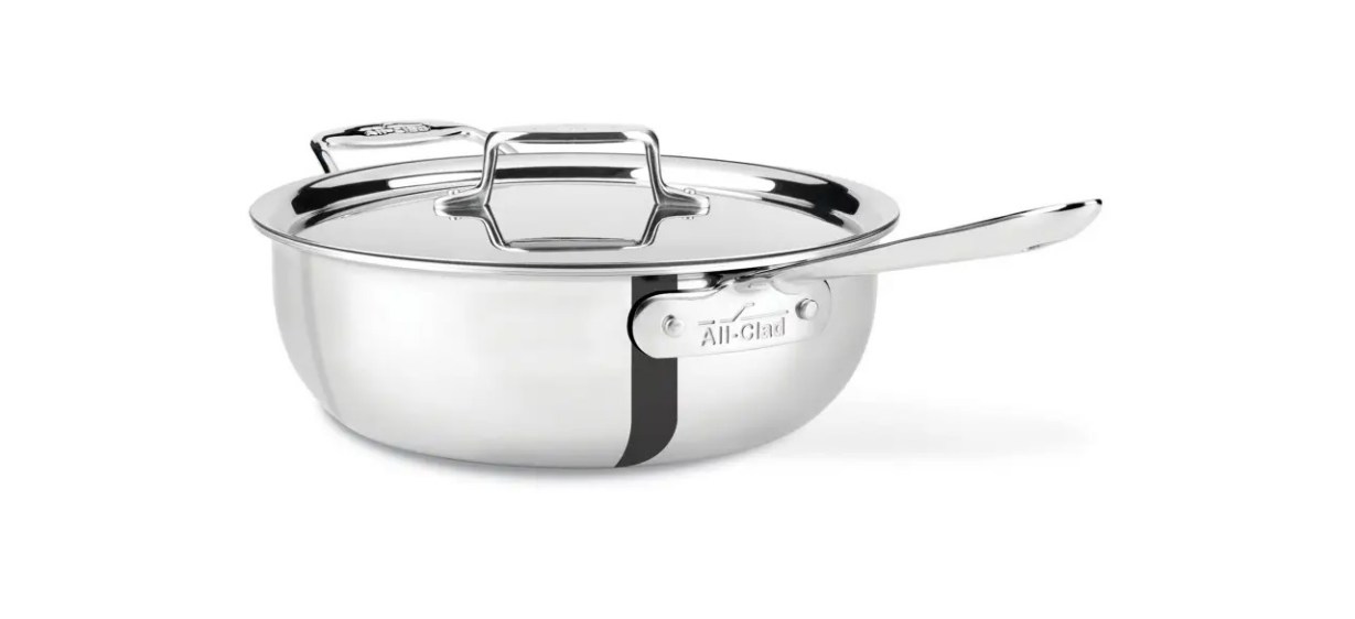 All-Clad D5 Stainless Polished 5-ply Bonded Cookware, Nonstick Essential Pan with lid, 4 quart on white background