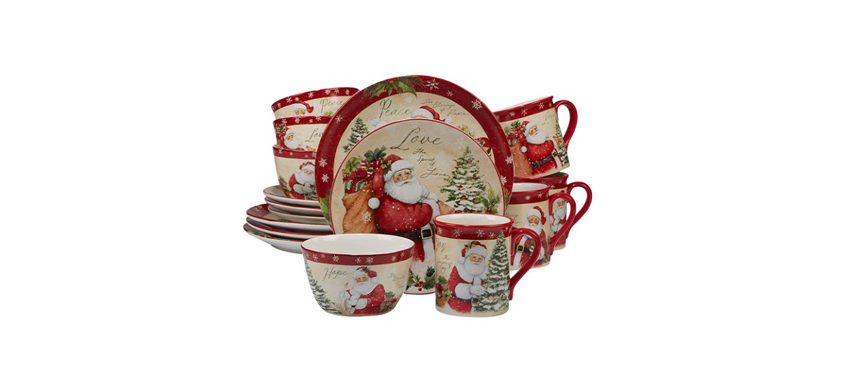 A set of beige plates and bowls with red edges and images of Santa and snowflakes