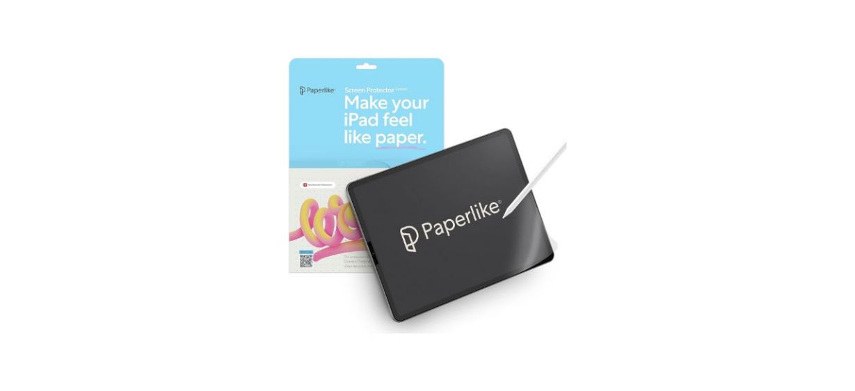 A clear screen protector for an iPad. Packaging reads: &quot;Make your iPad feel like paper&quot;
