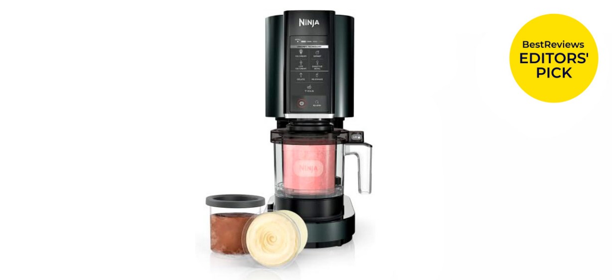 Ninja Creami ice cream maker next to 2 containers of homemade ice cream