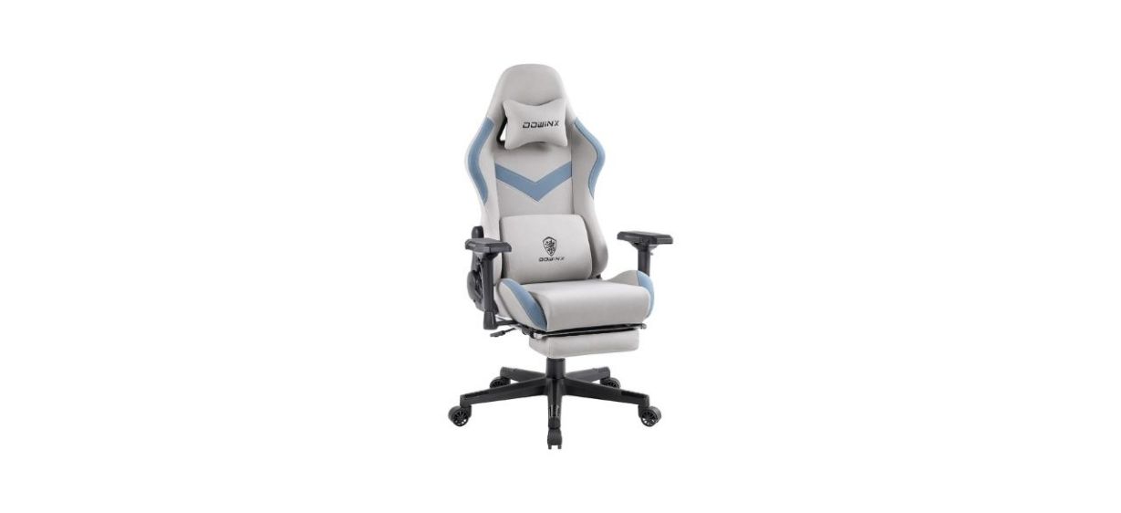 Dowing Gaming Chair, gray with lumbar and head pillows, with light blue accents