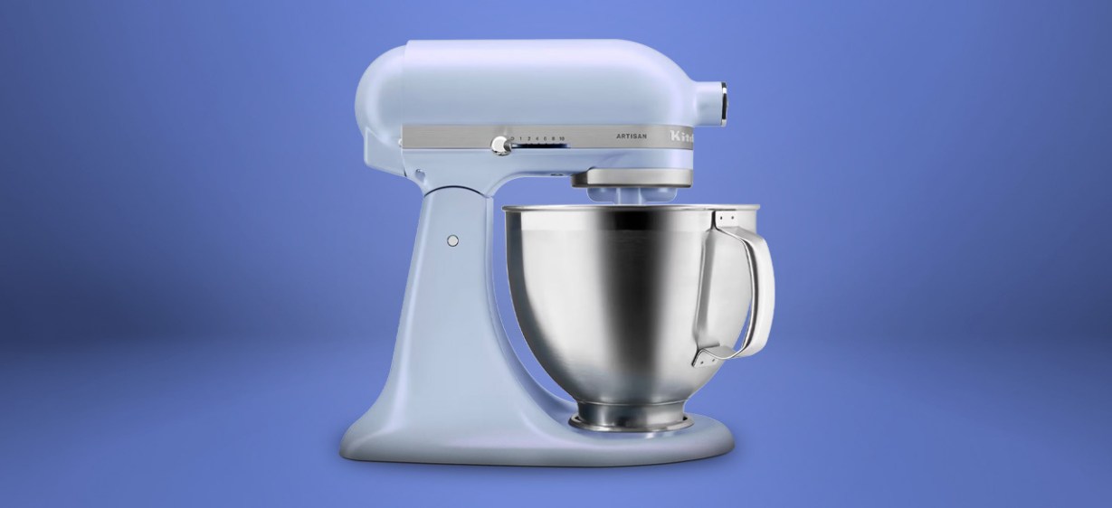 KitchenAid 2024 Color of the Year Blue Salt Stand Mixer on blue background