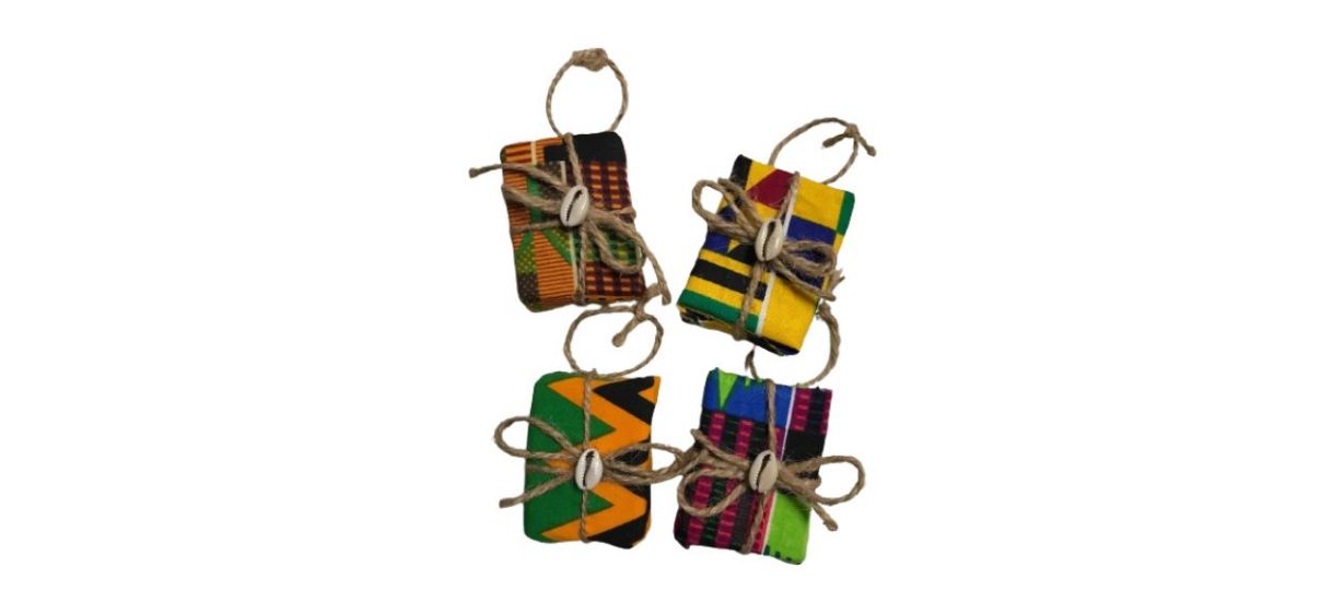 4 ShopKente Mini African Gift Ornaments, shaped like present boxes wrapped with jute string