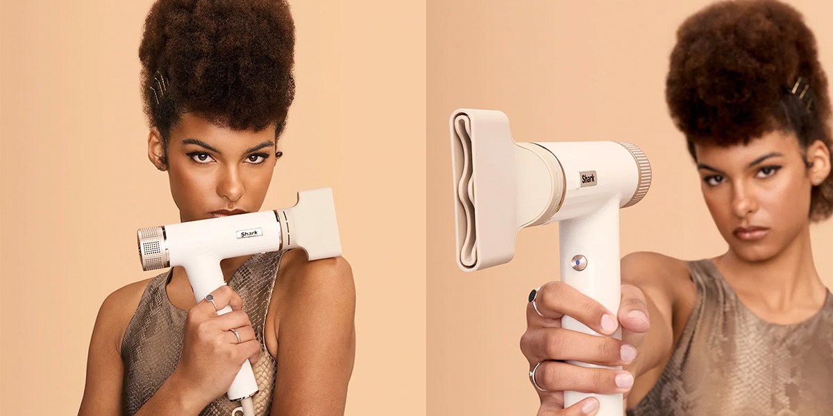 Collage with two images of woman holding Shark SpeedStyle