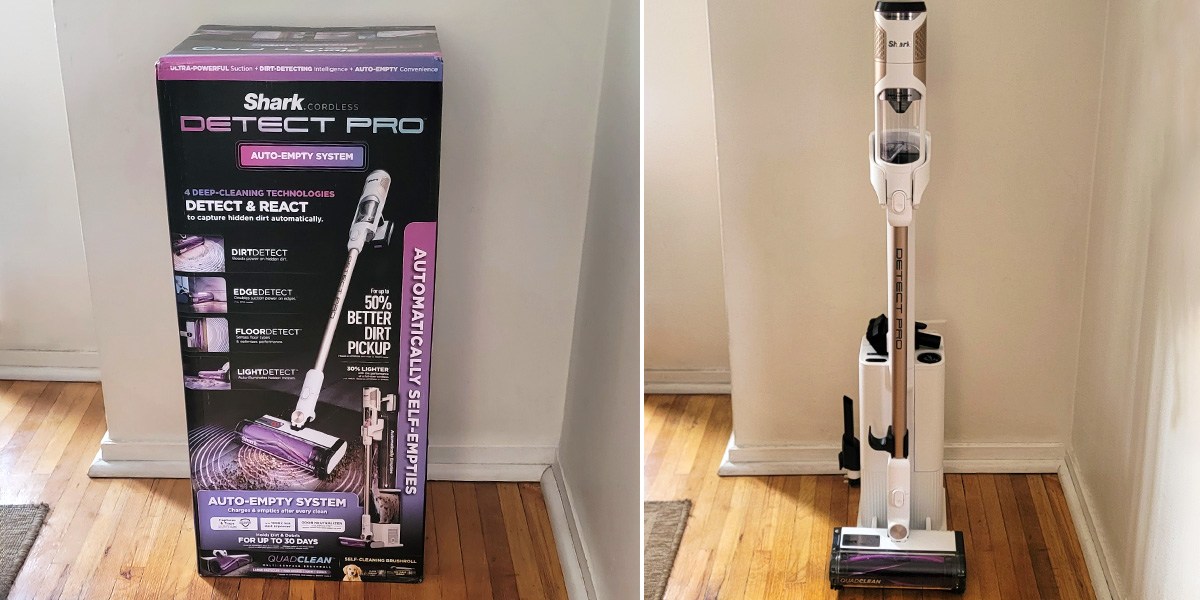 Collage with Shark Cordless Detect Pro packaging on left and Shark Cordless Detect Pro on right Collage with Shark Cordless Detect Pro packaging on left and Shark Cordless Detect Pro on right