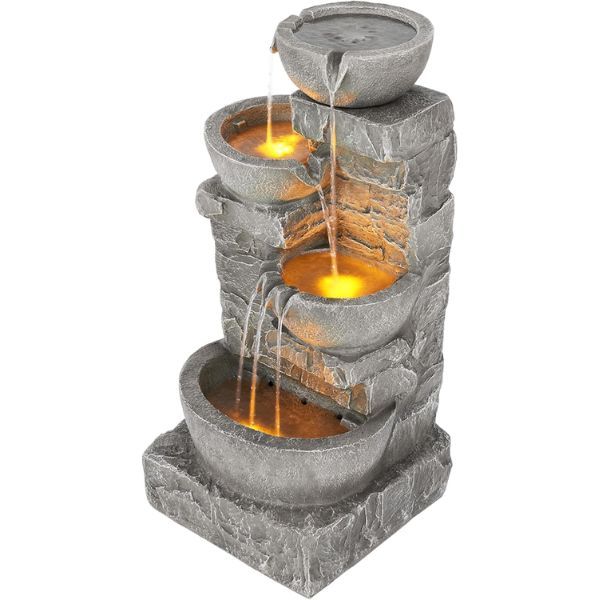 Teamson Home 4 Tiered Bowls Floor Stacked Stone Waterfall Fountain