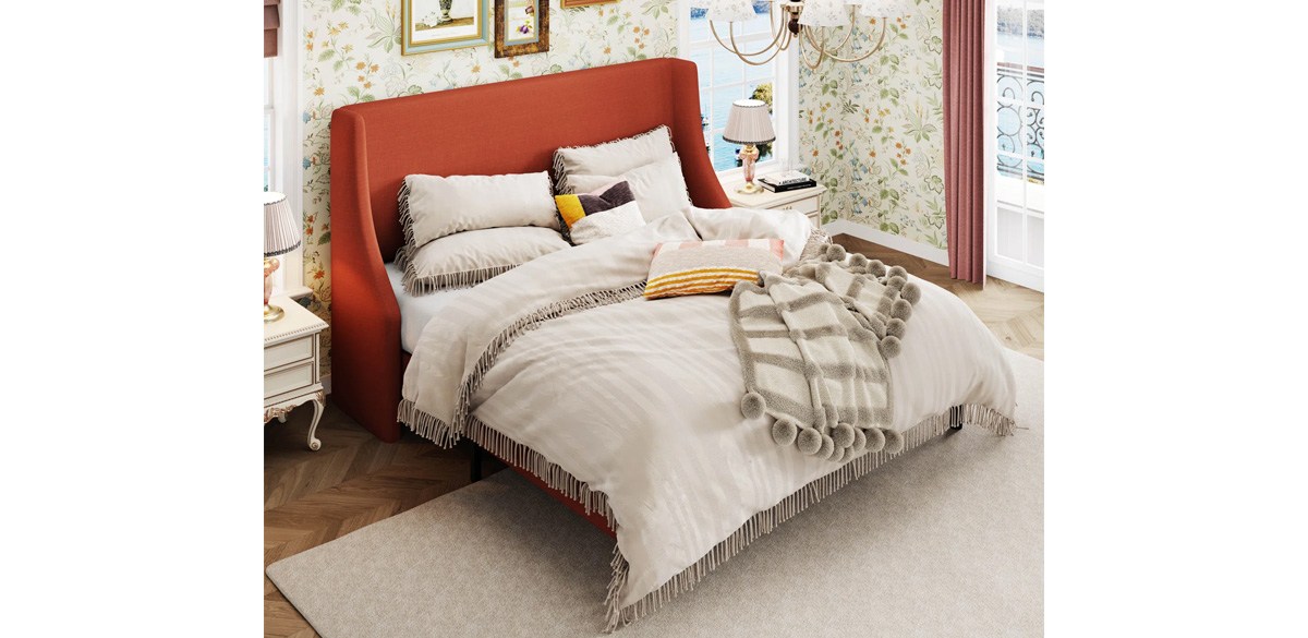 Burnt Orange Bowdoin Modern Linen Upholstered Wingback Platform Bed