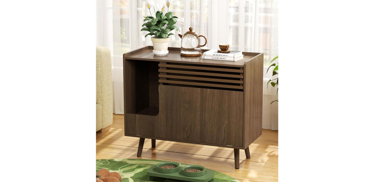 Halitaa Mid-Century Modern Hidden Litter Box Furniture with Cat Scratch Pad