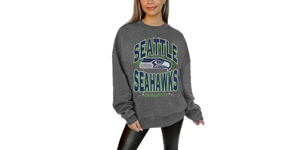 Women's Seattle Seahawks Gameday Couture Charcoal Oversized Long Weekend Premium Fleece Drop Shoulder Pullover Sweatshirt