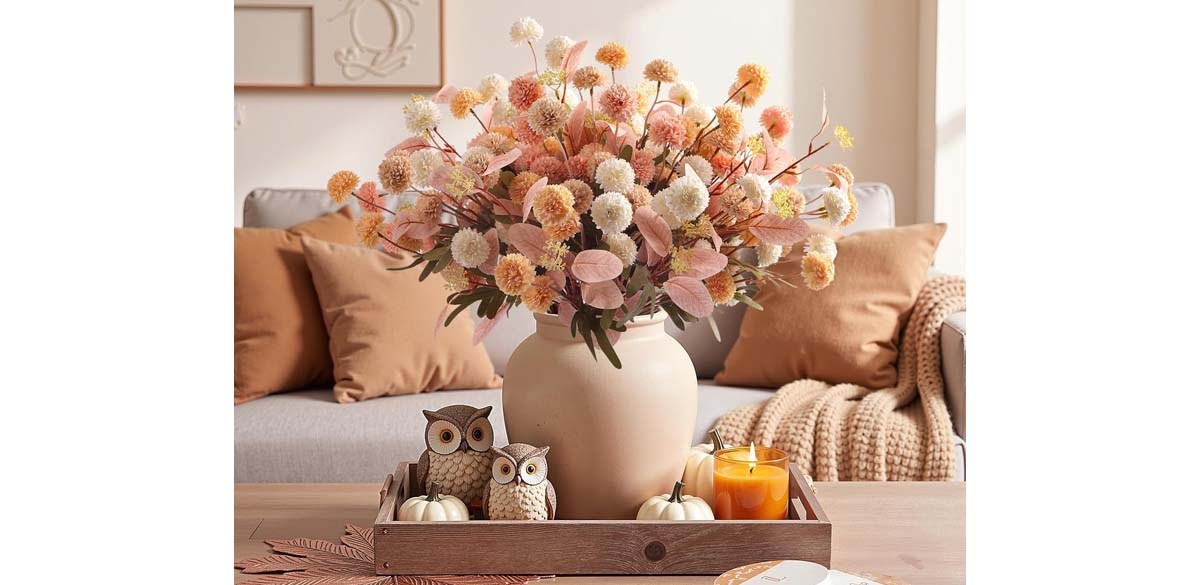 Alupssuc 16 Pcs Faux Silk Mums with Eucalyptus
