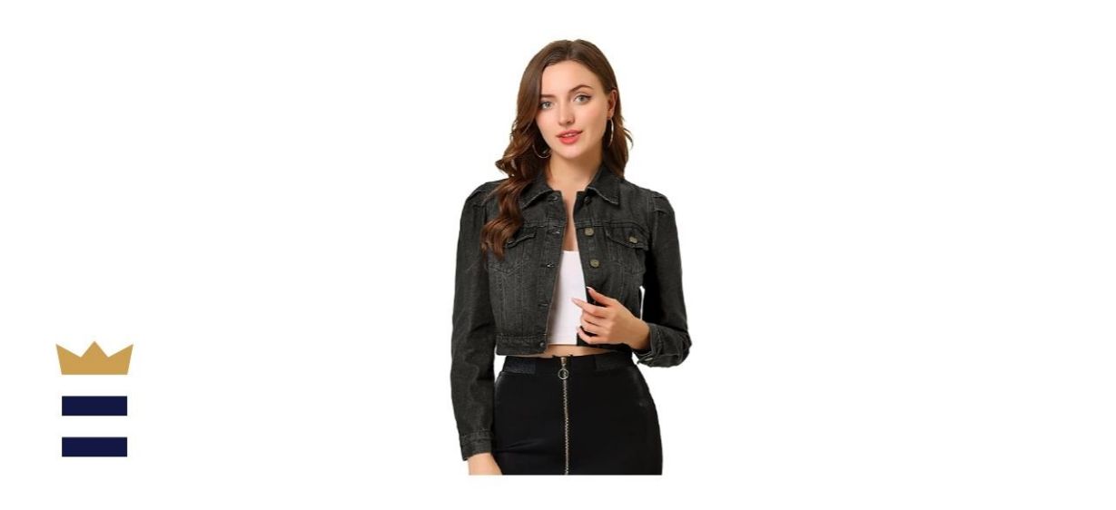 Allegra K Cropped Button-Down Basic Jean Denim Jacket