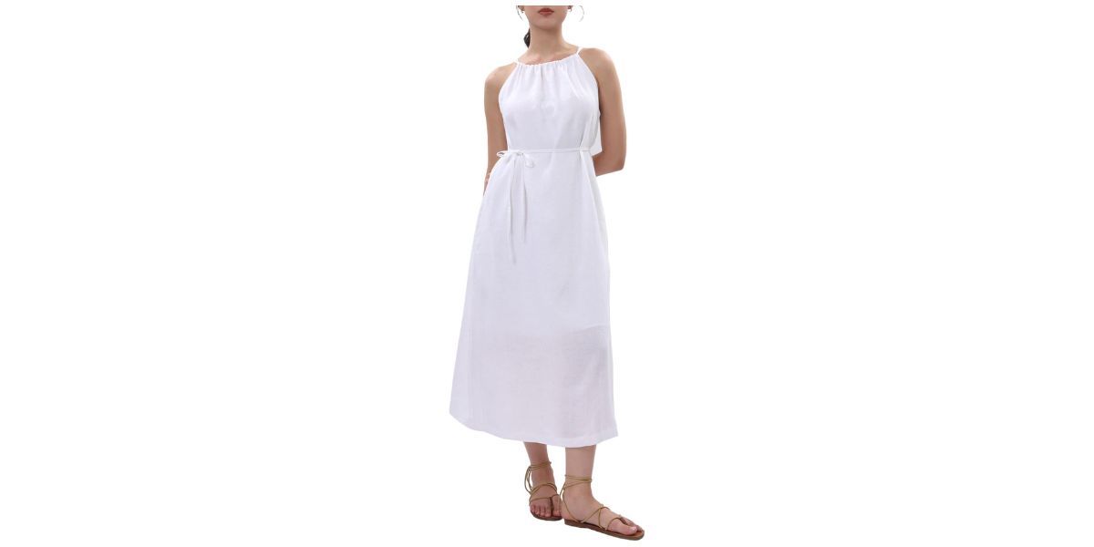 Amazhiyu Women's 100% Linen Sleeveless Halter Maxi Dress