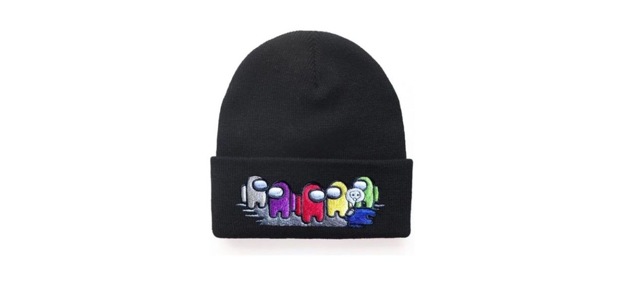 Awyjcas Video Game Impostor Classic Knit Beanie, black with images of crewmates