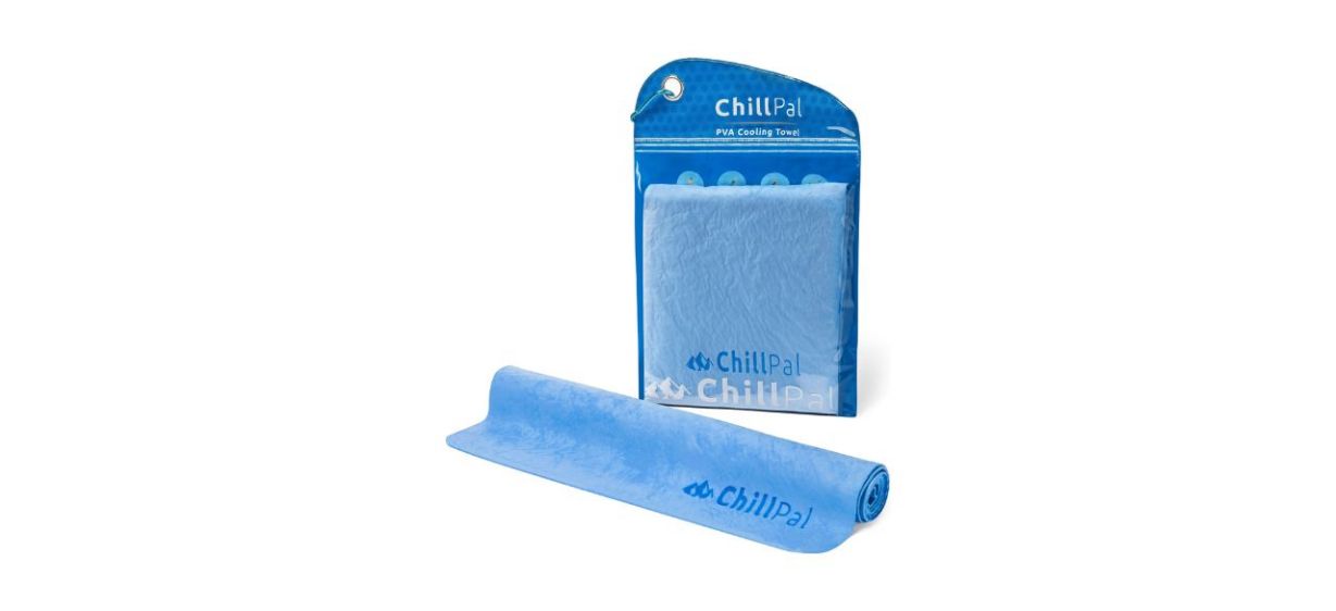 Chill Pal PVA Cooling Towel in blue next to package