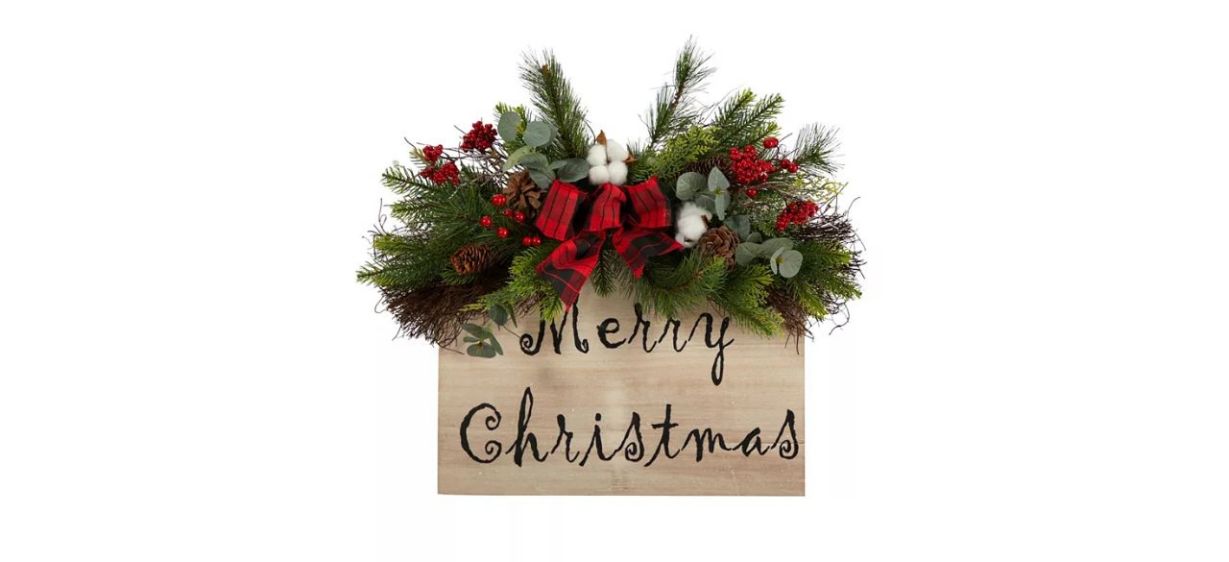 Best Nearly Natural Holiday Merry Christmas Wall Hanger with Pinecones and Berries