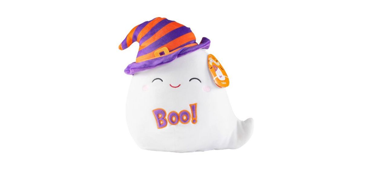 A white ghost plushie that's smiling and is wearing a purple and orange striped witch hat. The ghost's body says &quot;boo&quot; on it.
