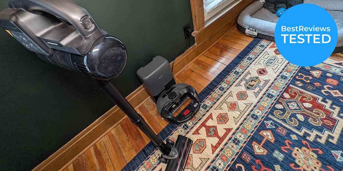 An illustration with three images: a person vacuuming a bed with a dog on it, a self-emptying robot vacuum base, and someone emptying a small dustbin that's overfilling with pet hair into a trash bin