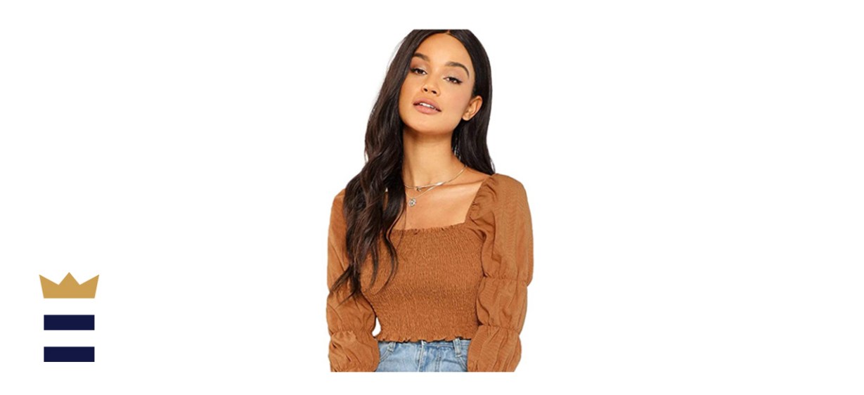 Floerns Square Neck Puff Sleeve Shirred Crop Top