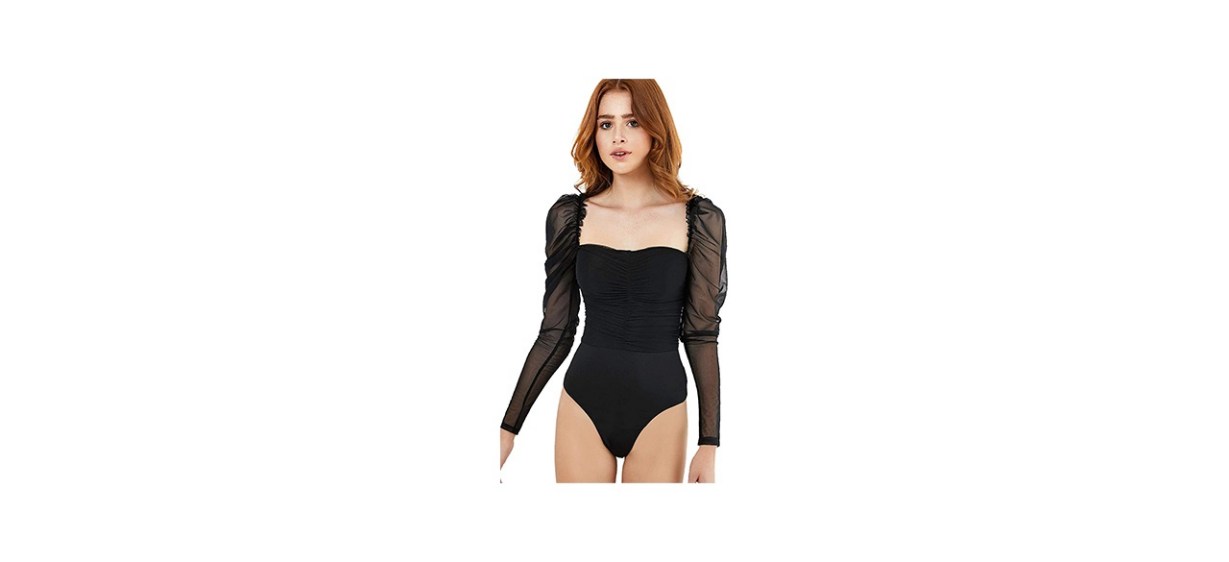 Floerns Women’s Puff Sleeve Mesh Ruched Bodysuit