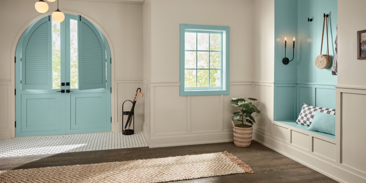 Entry area with Renew Blue and white walls