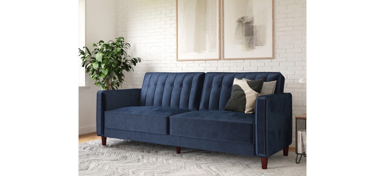 Blue Mercury Row Perdue Velvet Square Arm Convertible Sofa