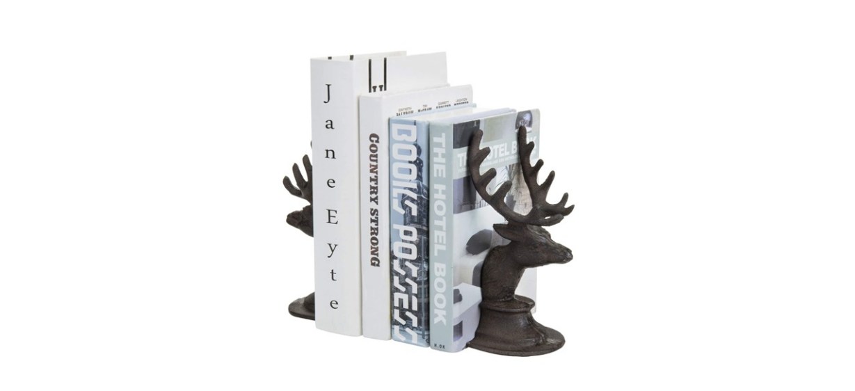 MyGift Dark Brown Vintage Cast Iron Elk Head &amp; Antlers Bookends