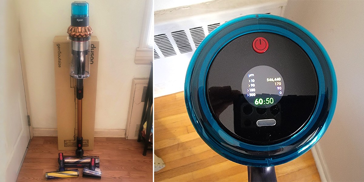 Collage with Gen5outsize Absolute leaning against wall and view of LCD panel