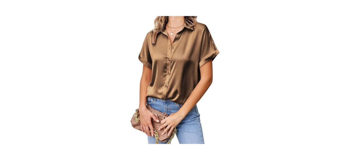 Chigant Short Sleeve V-Neck Satin Blouse