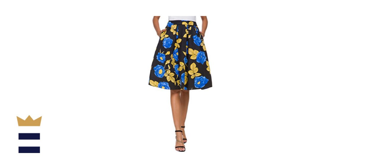 Tandisk Women's Vintage A-line Printed Pleated Flared Midi Skirt with Pockets