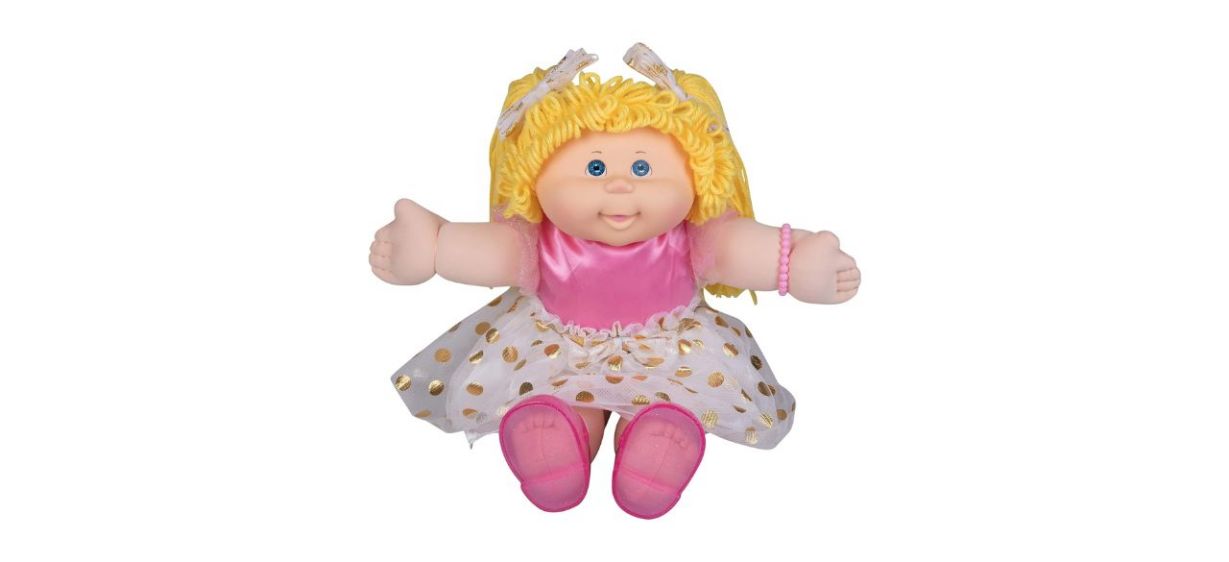 Cabbage Patch Kids Classic Doll with Real Yarn Hair (yellow) wearing a pink and gold dress and pink shoes