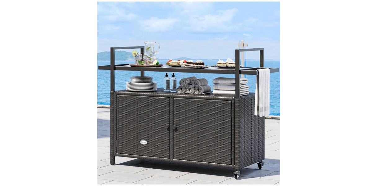 YITAHOME Large Outdoor Kitchen Wicker Island Rolling Cart 
