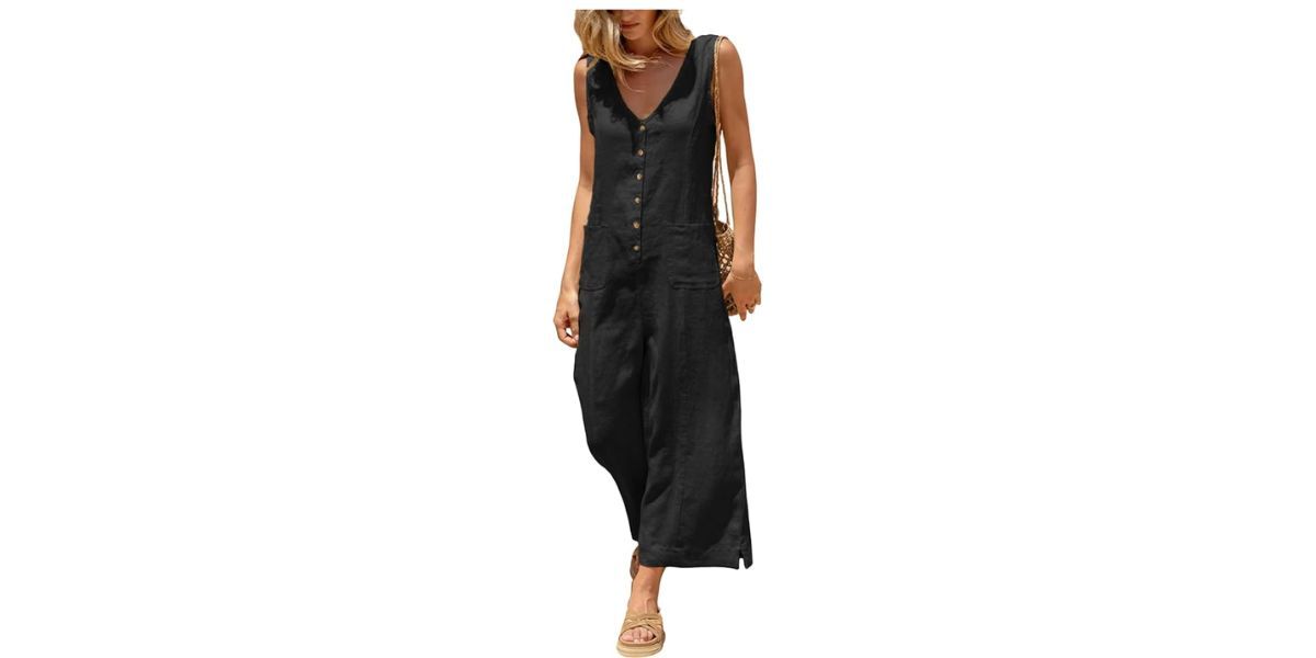 Yeokou Women Button Down Linen Jumpsuit