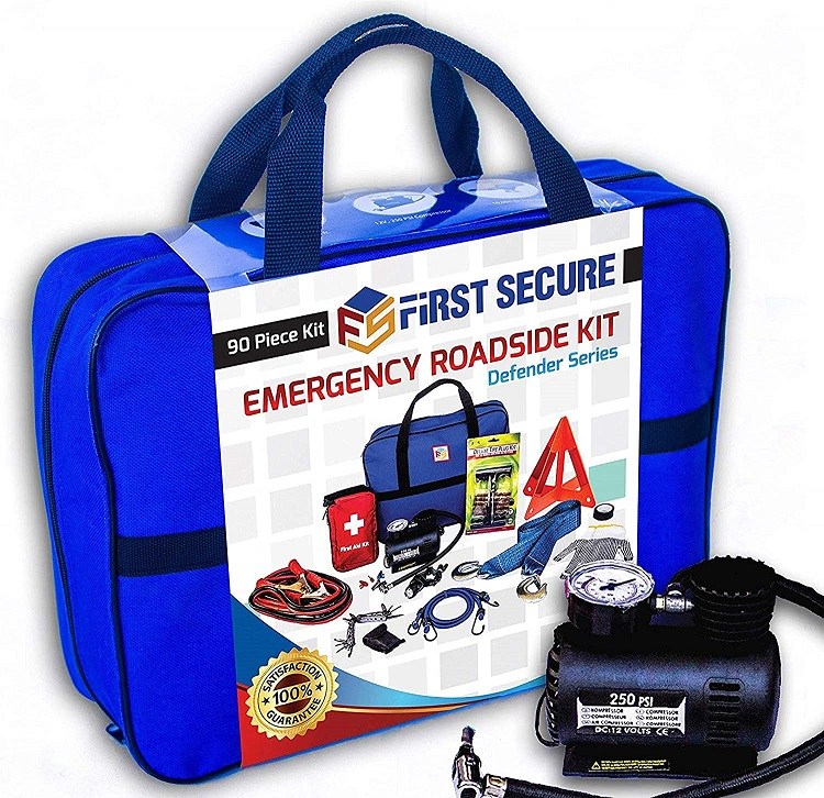 First Secure 90-piece Car Emergency Roadside &amp; First Aid Kit