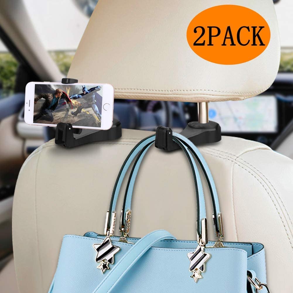 Normei Car Headrest Hook with Phone Holder, 2 Pack
